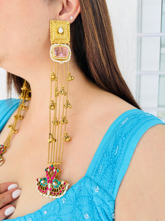 Dancing Peacock Shoulder Duster Earrings in Pink