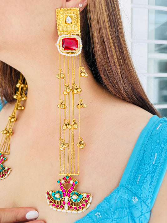 Dancing Peacock Shoulder Duster Earrings in Red