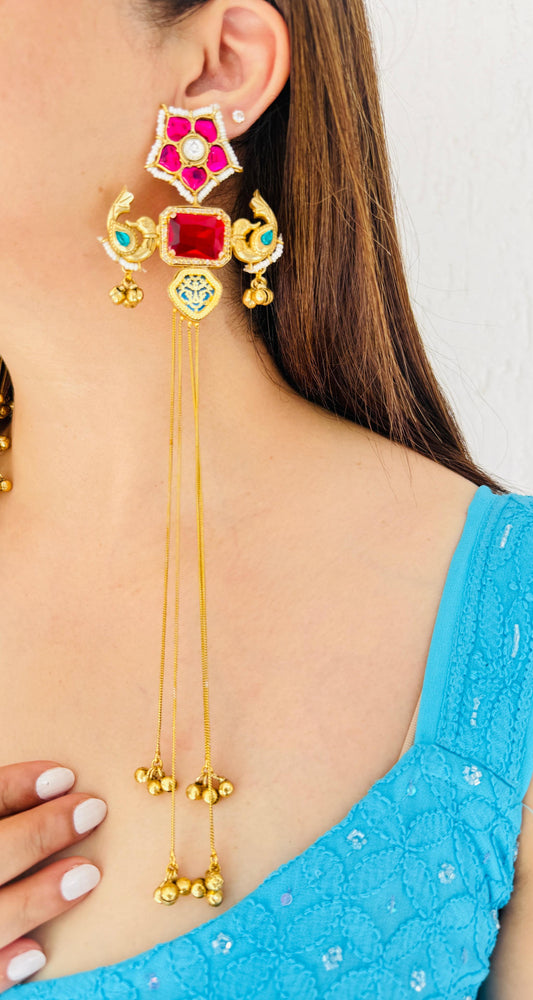 Parrot Motif Shoulder Duster Earrings in Red