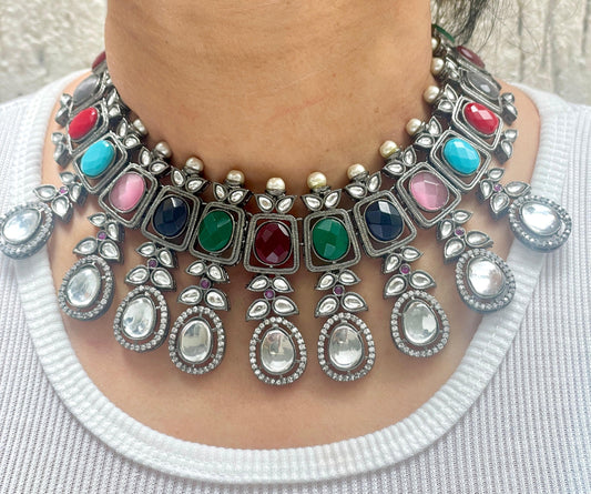 Black Rhodium Finish Multi Stone Necklace Set