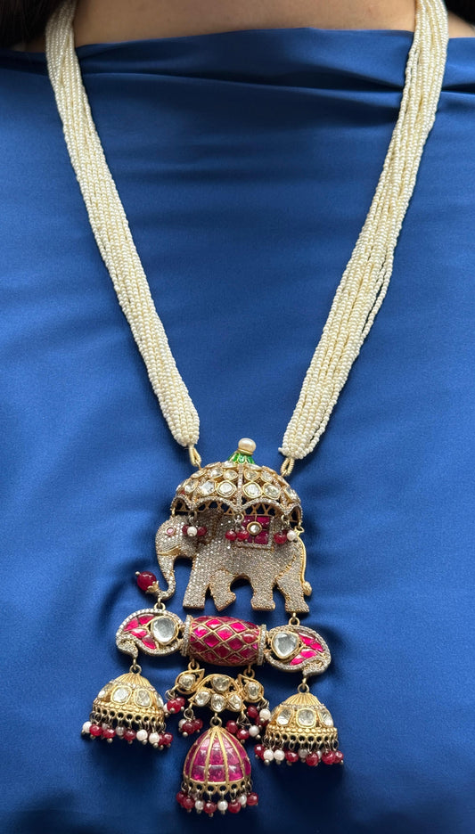 Stone Studded Kundan Long Pearl Necklace Set