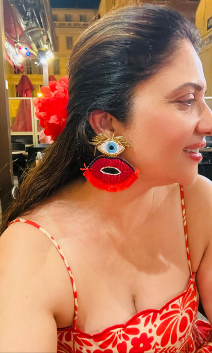 Beaded Evil Eye Tassel Earrings