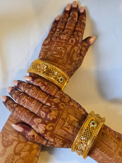 Gold Finish Filigree and Enamel Studded Broad Bangle Set