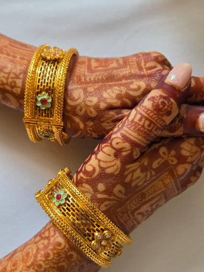 Gold Finish Filigree and Enamel Studded Broad Bangle Set