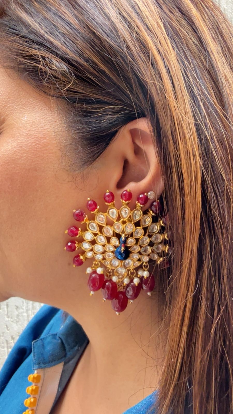 Peacock Motif Kundan Studs with Red Beads