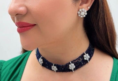 Navy Blue Beaded Zircon Necklace Set