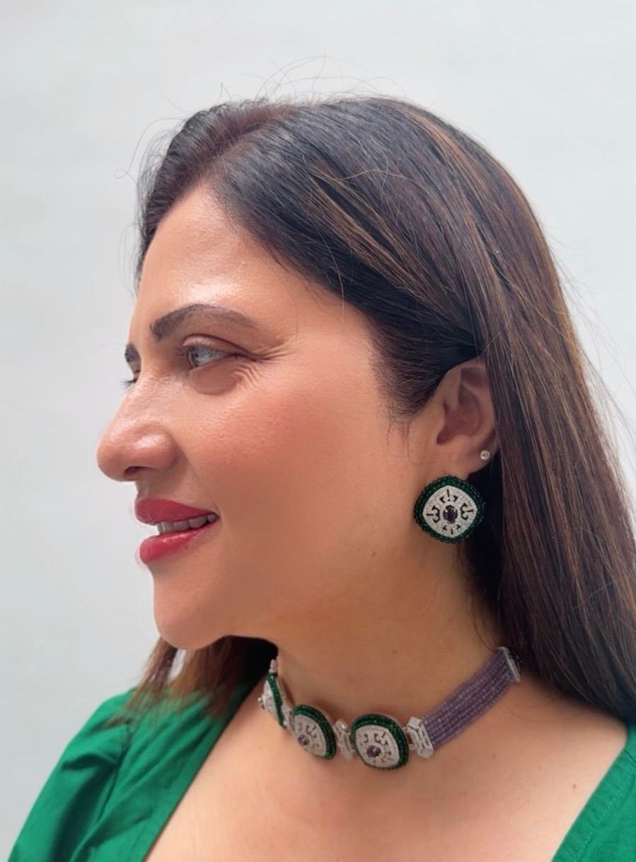 Zircon Choker Necklace Set with Lavender Beads