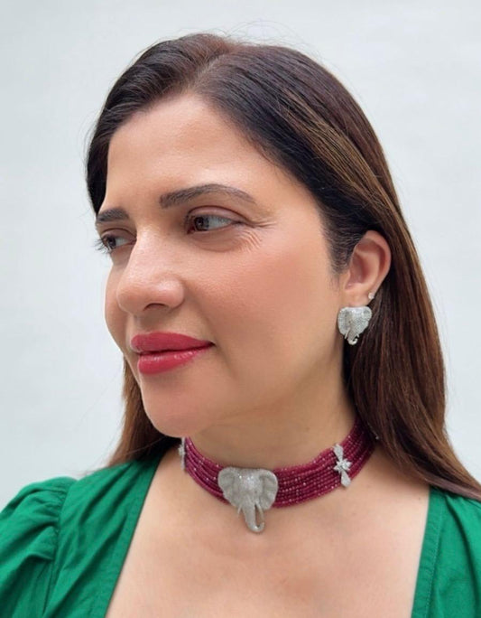 Zircon Elephant Motif Beaded Choker Necklace Set