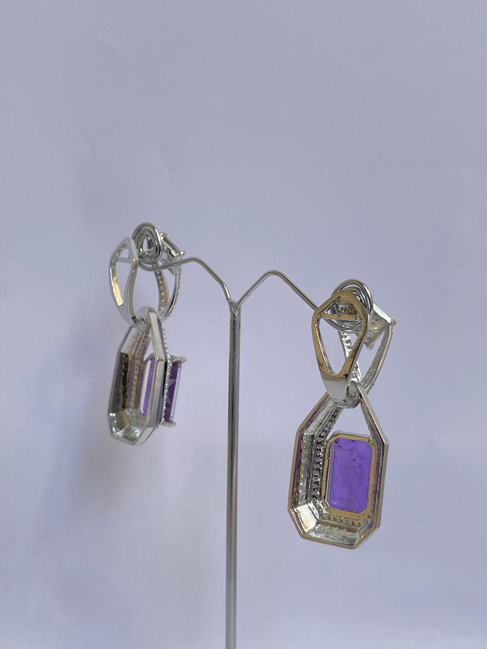 Zircon Studded Purple Stone Earrings with Black Enamel Accent