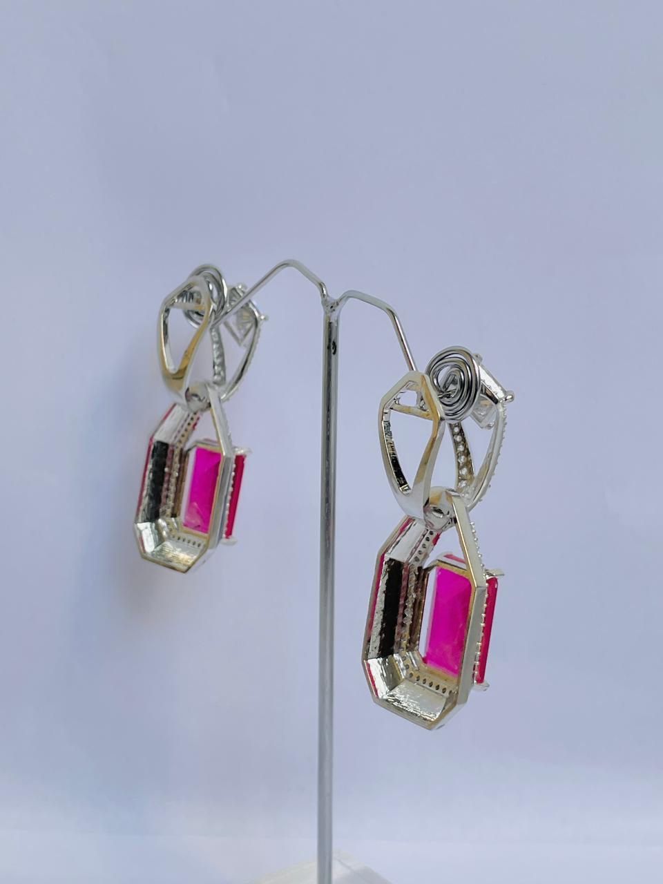 Zircon Studded Pink Stone Earrings with Black Enamel Accent