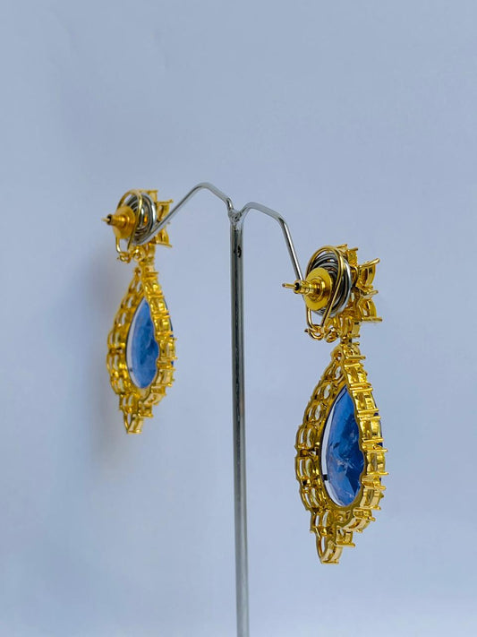 Gold Finish Deep Blue Zircon Danglers