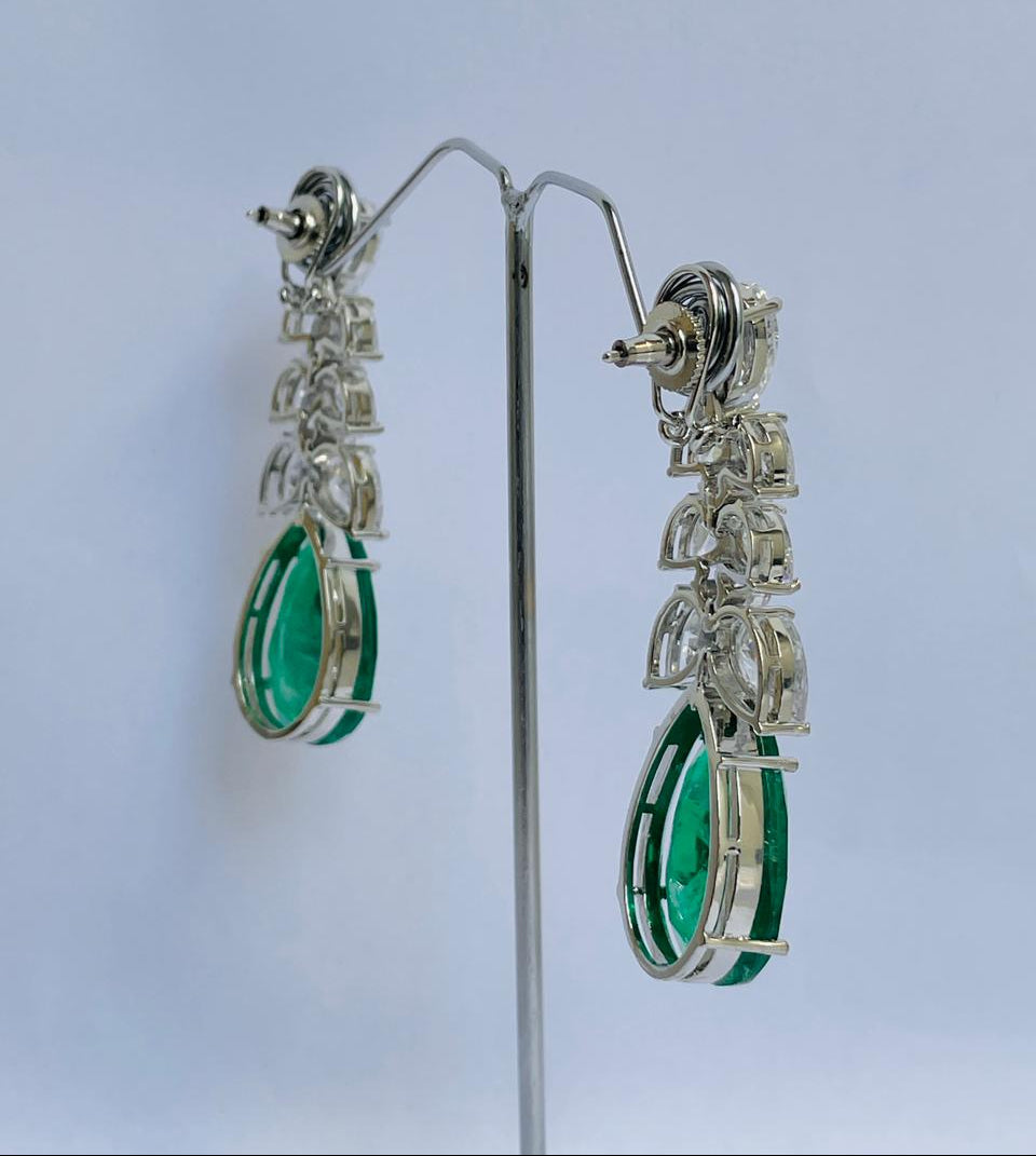 Emerald Studded Earrings with Zircon Leaf Accents