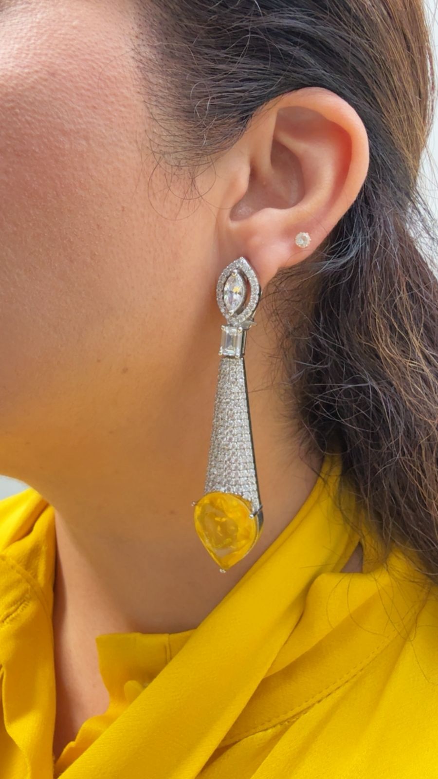 White Finish Zircon Earring with Tear Drop Stone