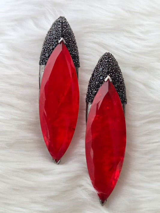 Deep Red Crystal Earrings with Black Zircon Crown
