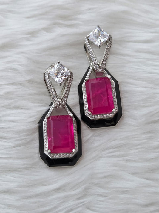 Zircon Studded Pink Stone Earrings with Black Enamel Accent