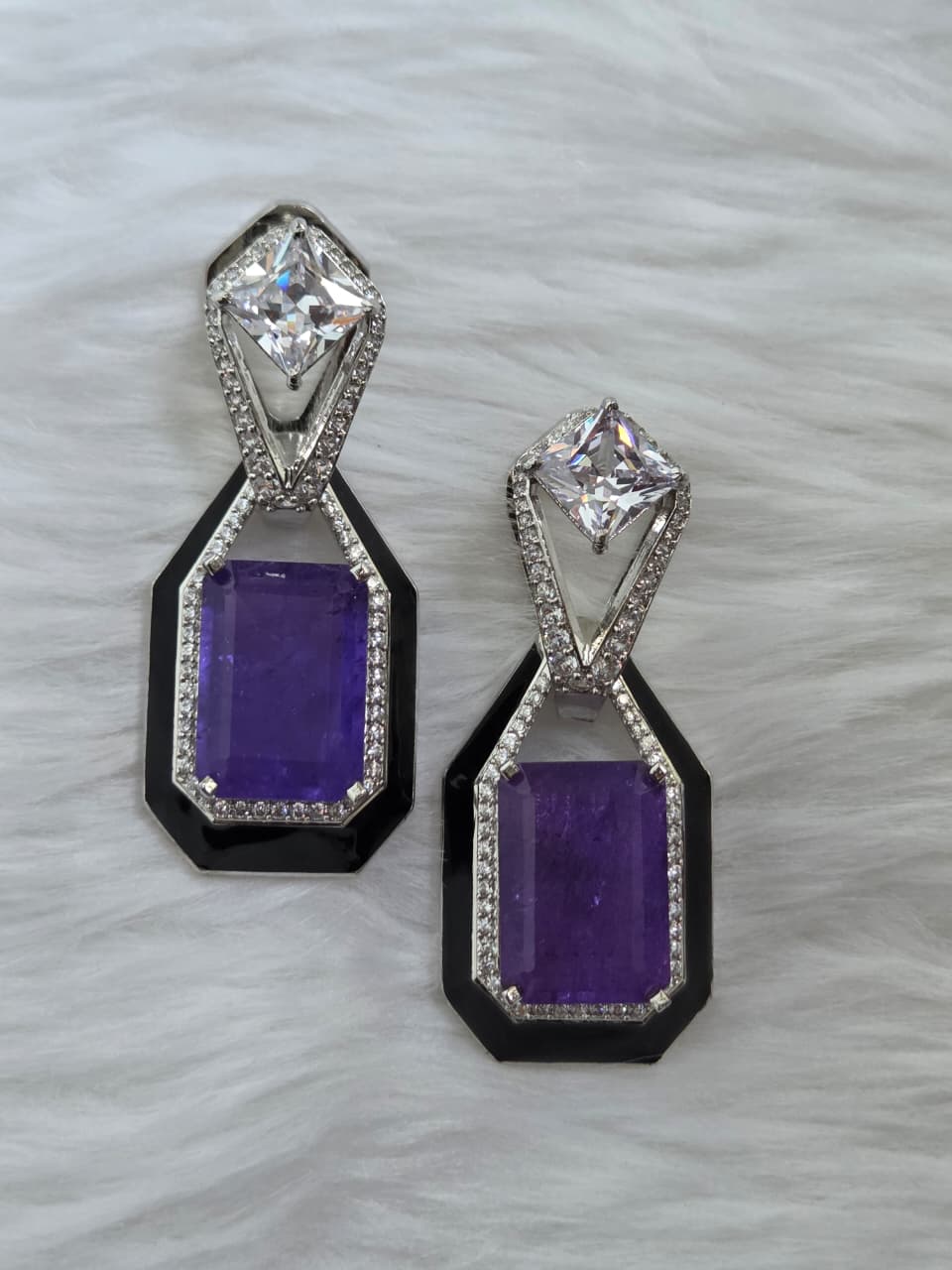 Zircon Studded Purple Stone Earrings with Black Enamel Accent