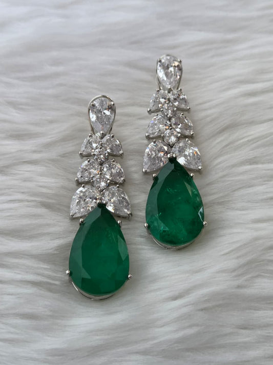 Emerald Studded Earrings with Zircon Leaf Accents