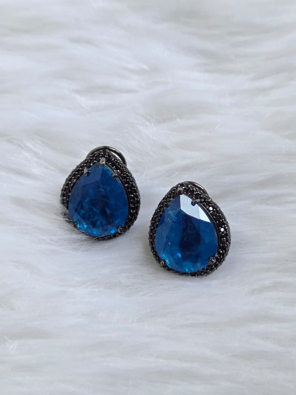 Blue Crystal Earrings with Black Zircon Halo