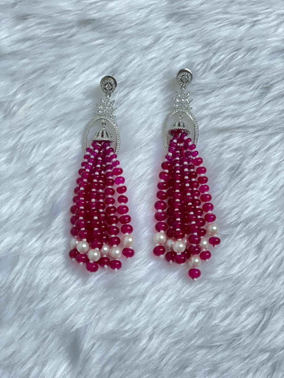 Pink Tassel Earrings with Zircon Motif