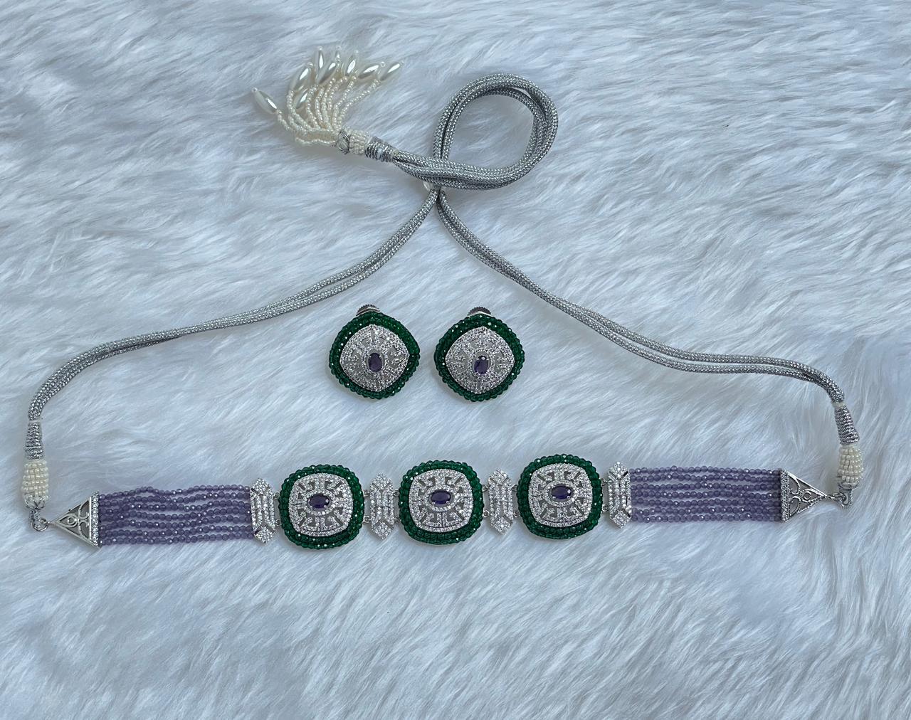 Zircon Choker Necklace Set with Lavender Beads