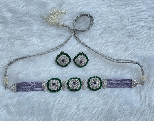 Zircon Choker Necklace Set with Lavender Beads