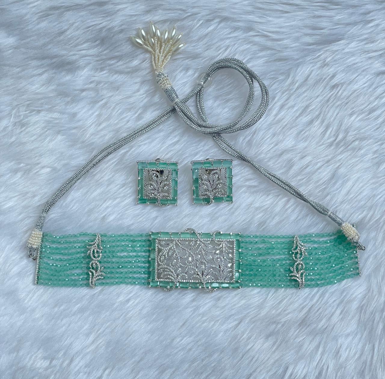 Zircon Choker Necklace Set with Mint Beads