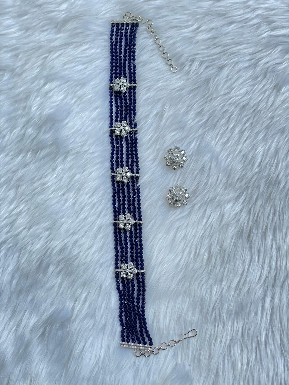 Navy Blue Beaded Zircon Necklace Set