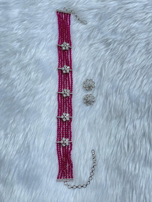 Fuchsia Pink Beaded Zircon Necklace Set