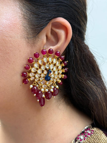 Peacock Motif Kundan Studs with Red Beads