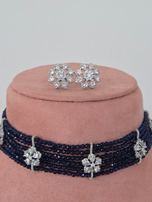 Navy Blue Beaded Zircon Necklace Set