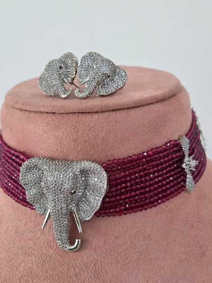 Zircon Elephant Motif Beaded Choker Necklace Set
