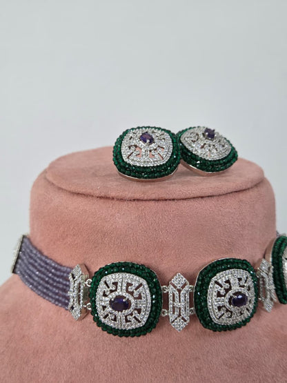 Zircon Choker Necklace Set with Lavender Beads
