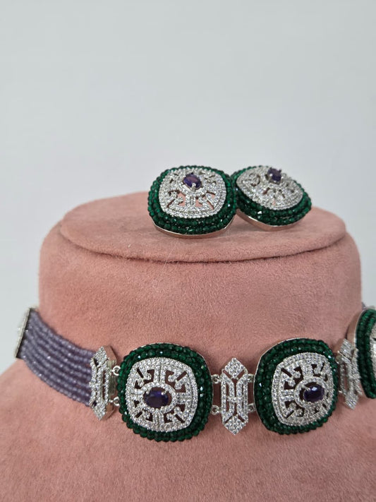 Zircon Choker Necklace Set with Lavender Beads