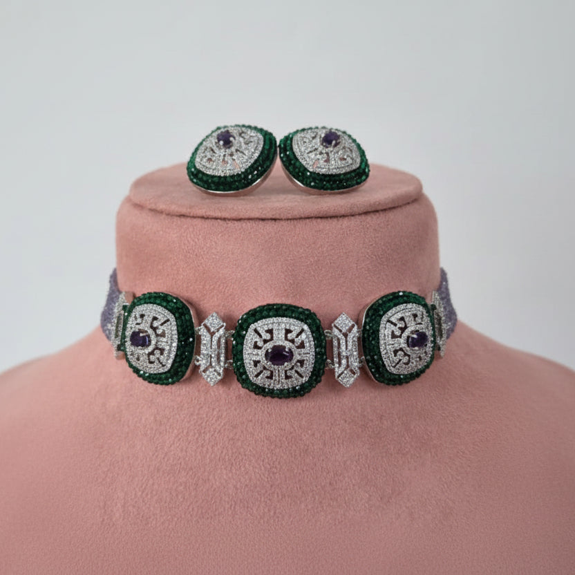 Zircon Choker Necklace Set with Lavender Beads