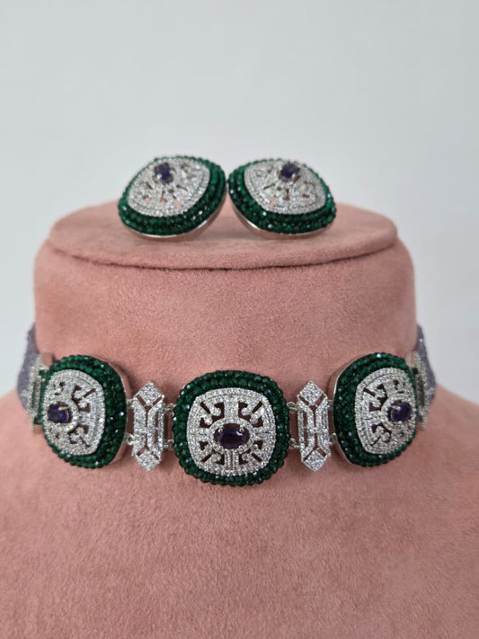 Zircon Choker Necklace Set with Lavender Beads