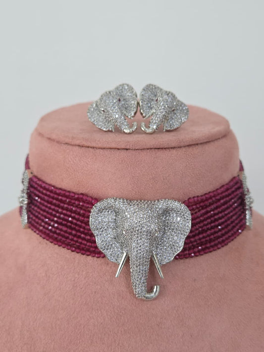 Zircon Elephant Motif Beaded Choker Necklace Set