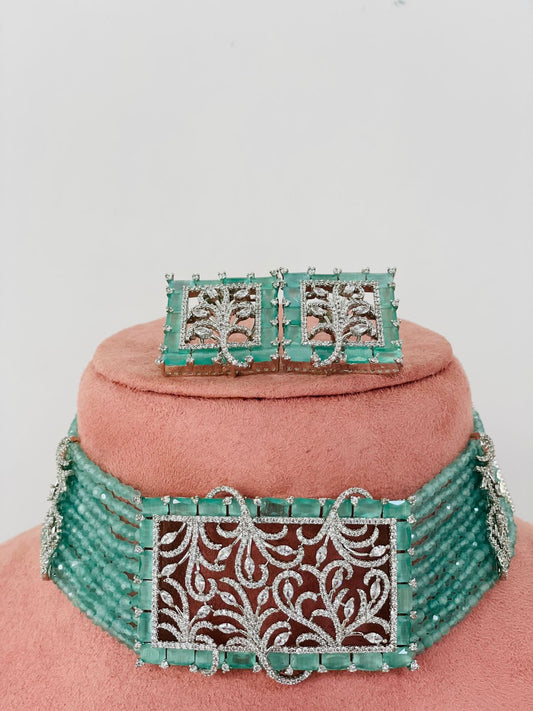Zircon Choker Necklace Set with Mint Beads
