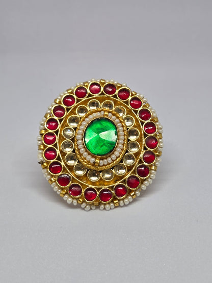 Gold Finish Kundan Ring with Red and Green Stones