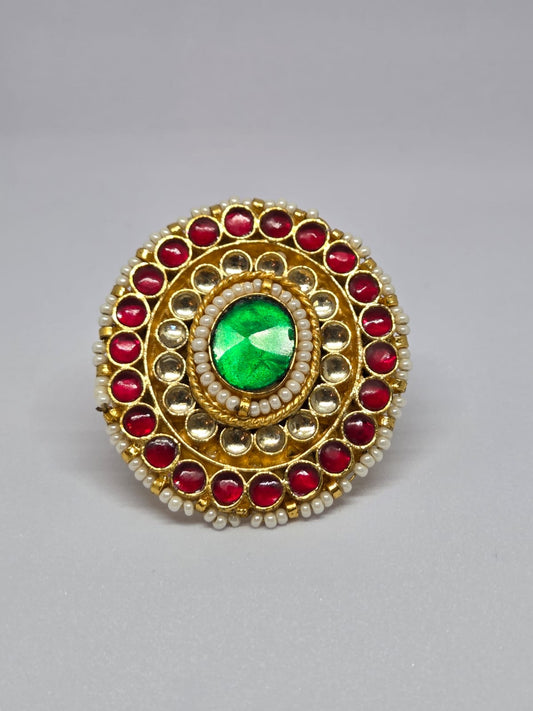 Gold Finish Kundan Ring with Red and Green Stones
