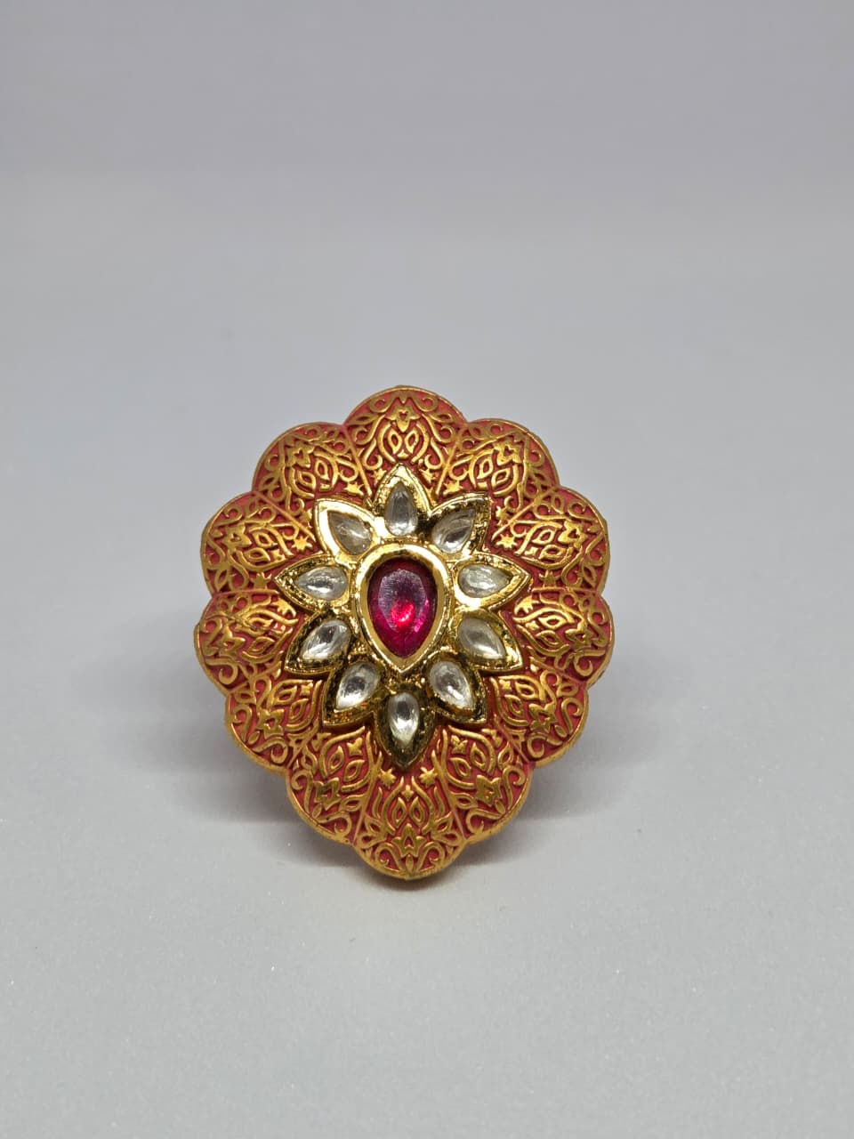Kundan-Inspired Peach Meenakaari Ring