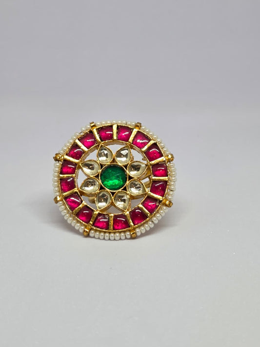 Gold Finish Pink Stone Kundan Ring