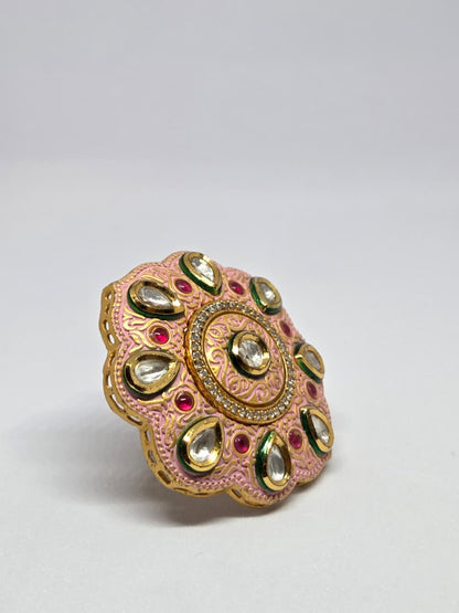 Peach Kundan Meenakaari Ring