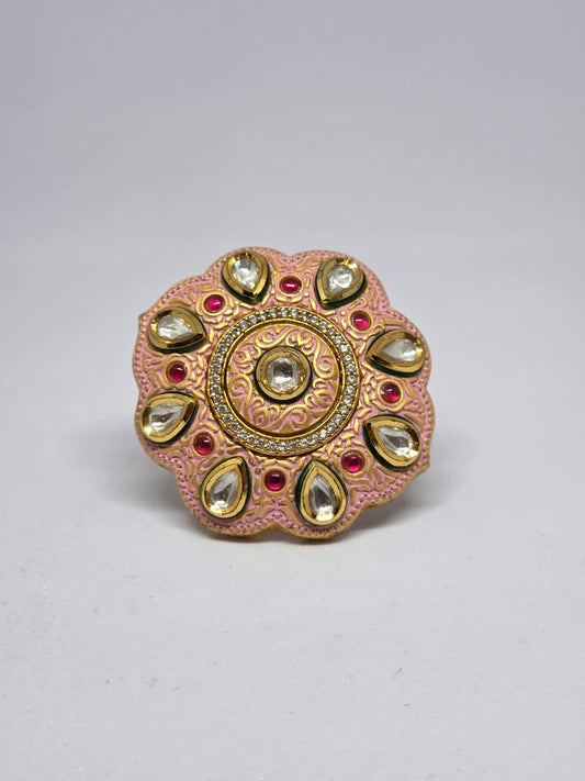 Peach Kundan Meenakaari Ring