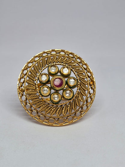 Gold Ring With Kundan Work