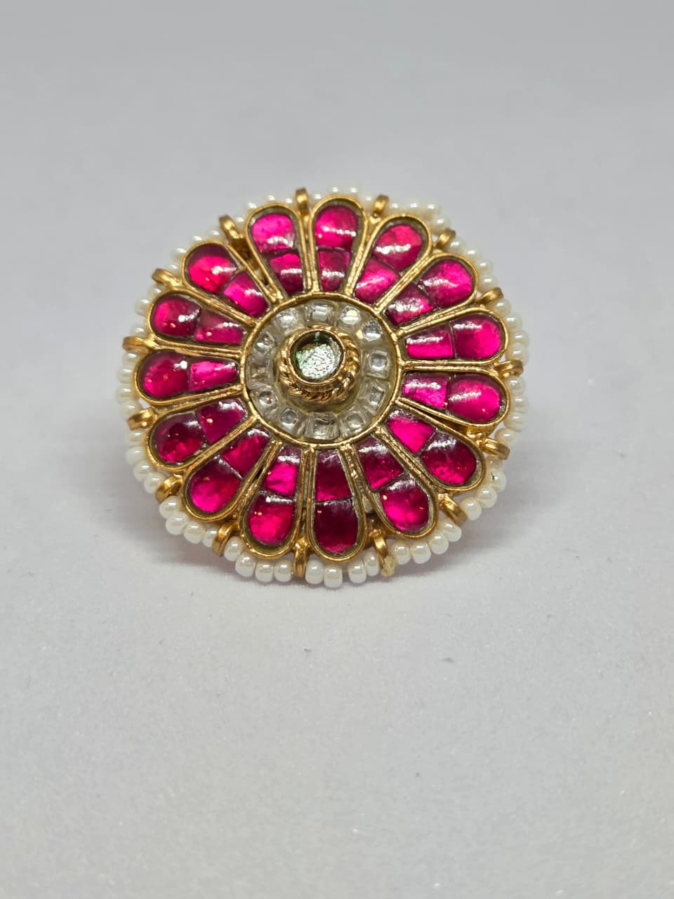 Gold Finish Kundan Red Stone Ring