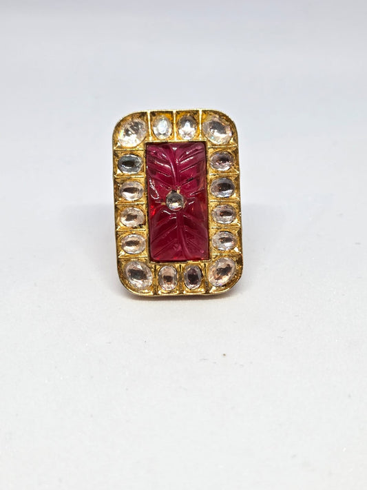 Kundan Ring with Red Carved Stone