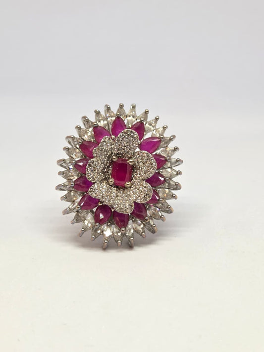Zircon Floral Motif Ring with Pink Stones