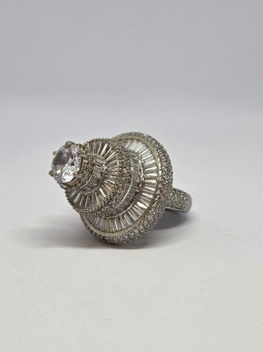 White Finish Zircon Studded Layered Solitaire Ring