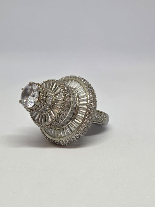 White Finish Zircon Studded Layered Solitaire Ring