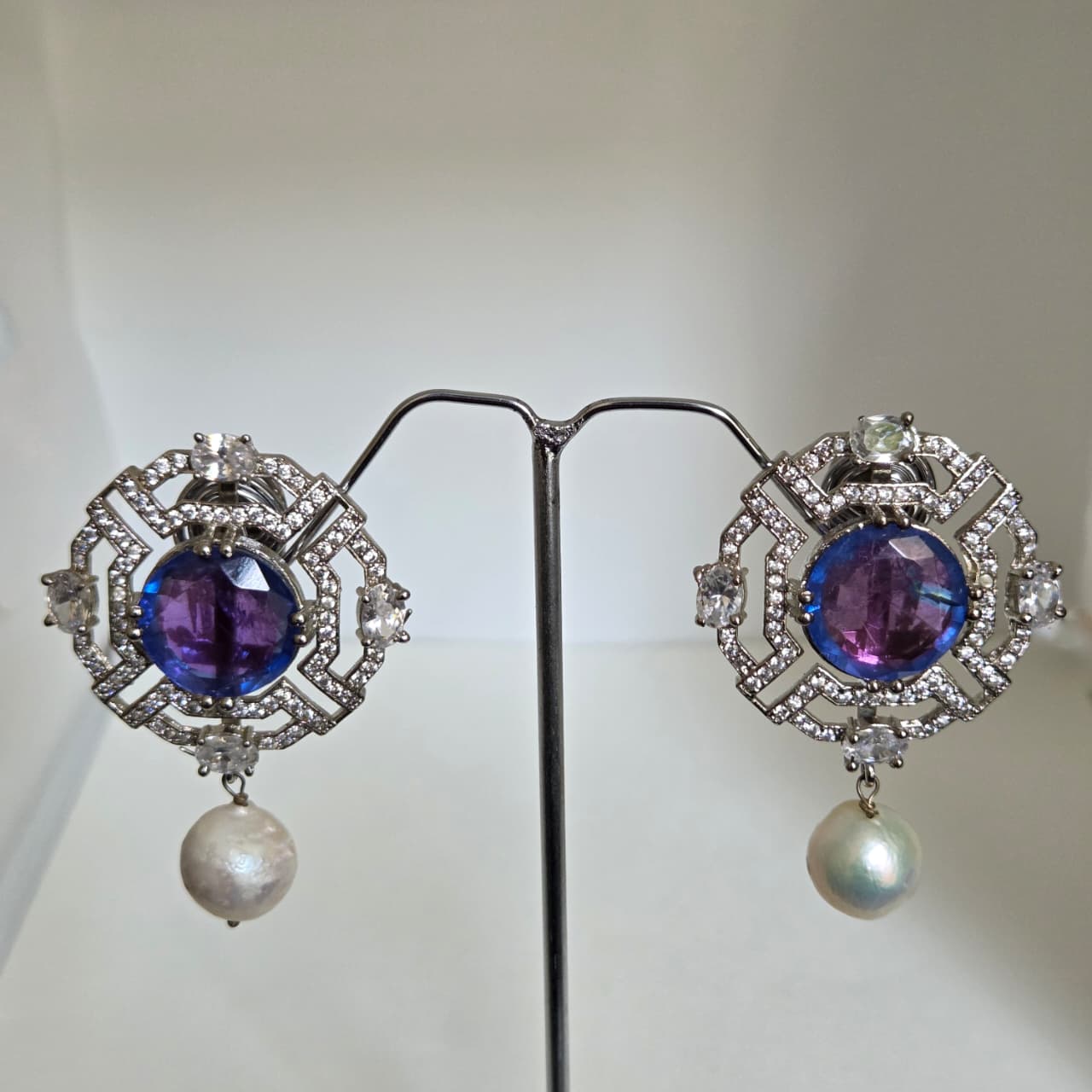 Zircon and Pearl Earrings with Bright Center Stone